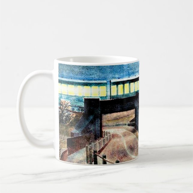 Ravilious art, Train Going over Bridge at Night Coffee Mug (Left)