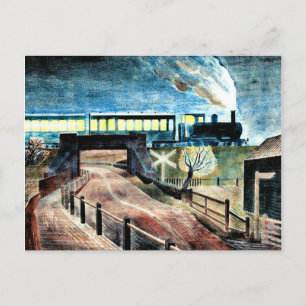 Ravilious art, Train Going over Bridge at Night Postcard