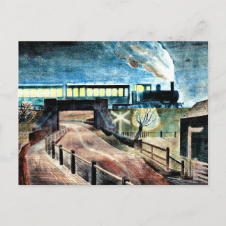 Ravilious art, Train Going over Bridge at Night Postcard