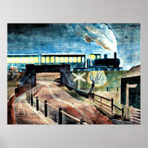Ravilious art, Train Going over Bridge at Night Poster