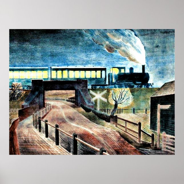 Ravilious art, Train Going over Bridge at Night Poster (Front)
