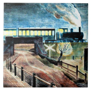Ravilious, Train Going over Bridge at Night Tile