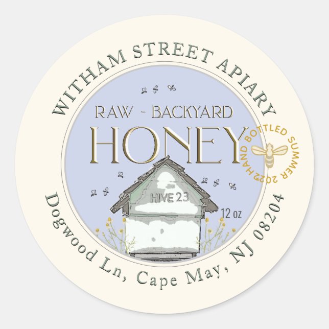 Raw Backyard Honey Hives with Bees & Date Classic Round Sticker (Front)