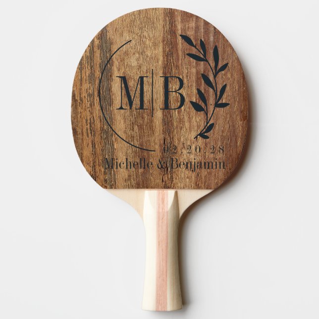Raw Cedar Wood Leaf Wedding Monogram Ping Pong Paddle (Back)