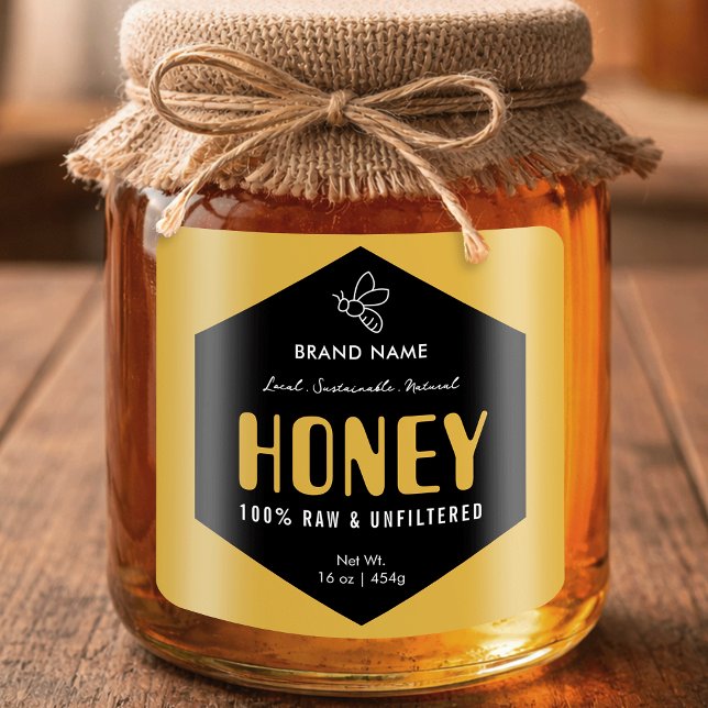 Raw Honey Black & Gold Beehive Design Jar Label (Creator Uploaded)