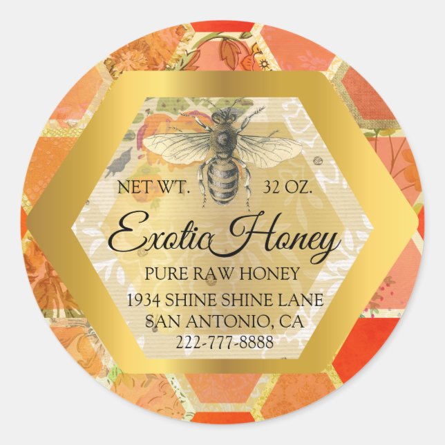 Raw Honey Jar Honeybee Honeycomb Apiary Gold Coral Classic Round Sticker (Front)