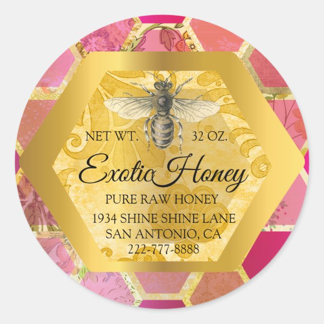 Raw Honey Jar Honeybee Honeycomb Apiary Gold Pink Classic Round Sticker (Front)