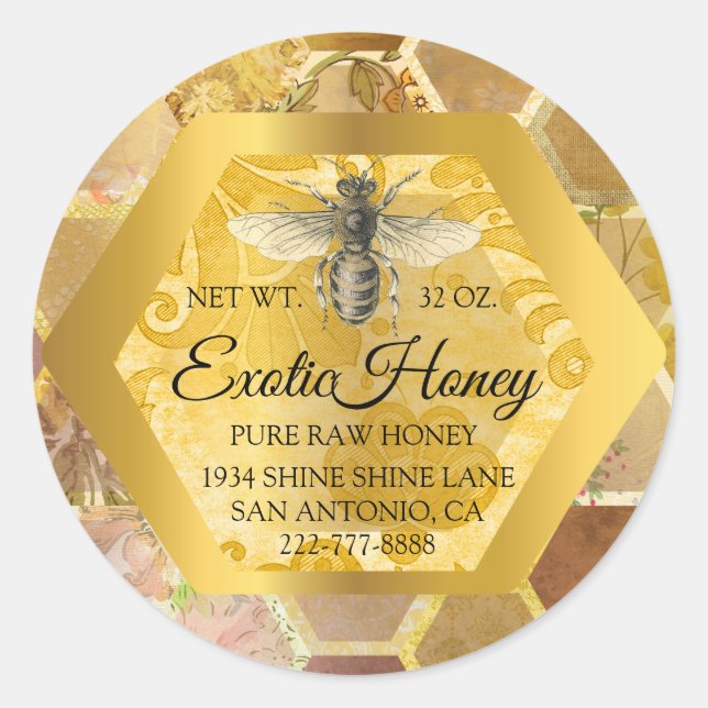 Raw Honey Jar Honeybee Honeycomb Apiary Gold VIP Classic Round Sticker (Front)