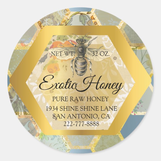 Raw Honey Jar Honeybee Honeycomb Bee Apiary Blue Classic Round Sticker (Front)