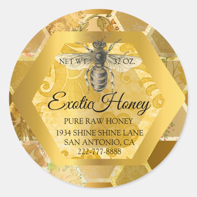 Raw Honey Jar Honeybee Honeycomb Bee Apiary Gold Classic Round Sticker (Front)