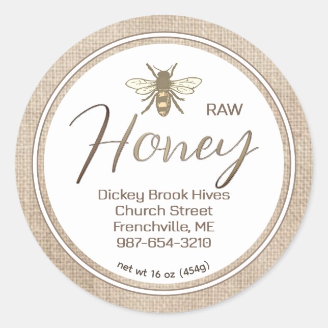 RAW HONEY Label Muslin Burlap Vintage Bee (Front)