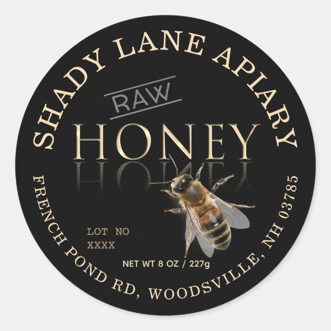 RAW Honey Label with Lot No. and Bee Gold Black  (Front)