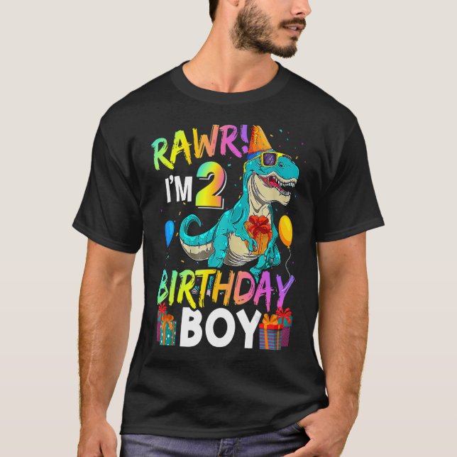 Raw I'm 2 Birthday Boy Funny Dinosaur Air Balloon T-Shirt (Front)