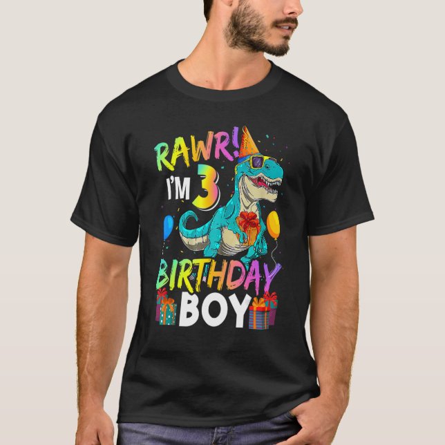 Raw I'm 3 Birthday Boy  Dinosaur Air Balloon T-Shirt (Front)