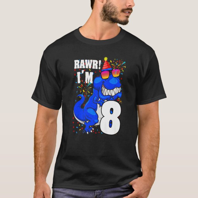 Raw I'm 8 Birthday Boy  Dinosaur 8 Year Old  Kids T-Shirt (Front)