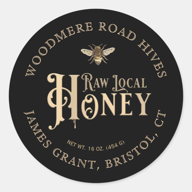 Raw Local Honey Custom Label with Bee on Black (Front)