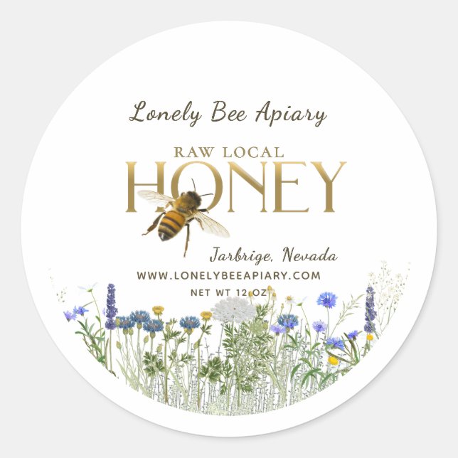 Raw Local Honey Wildflowers Flying Bee Sticker     (Front)
