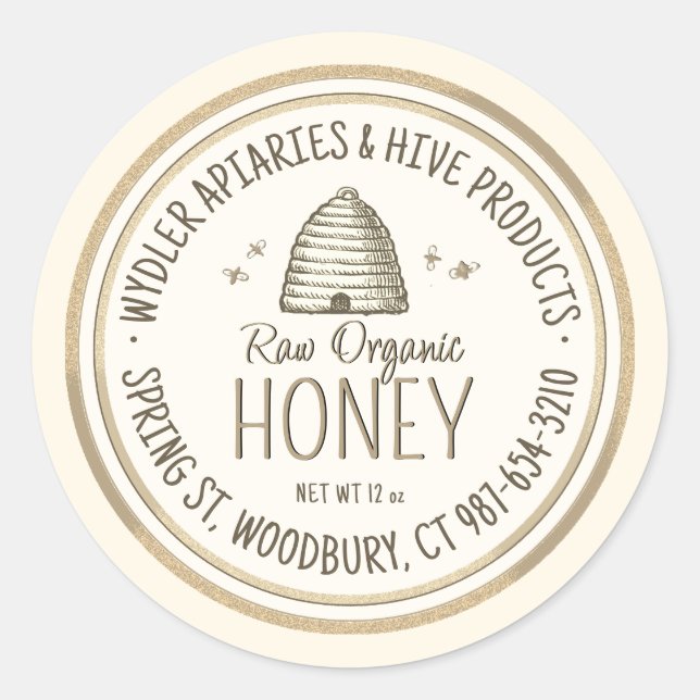 Raw Organic Honey Gold Grunge Border Skep and Bees Classic Round Sticker (Front)