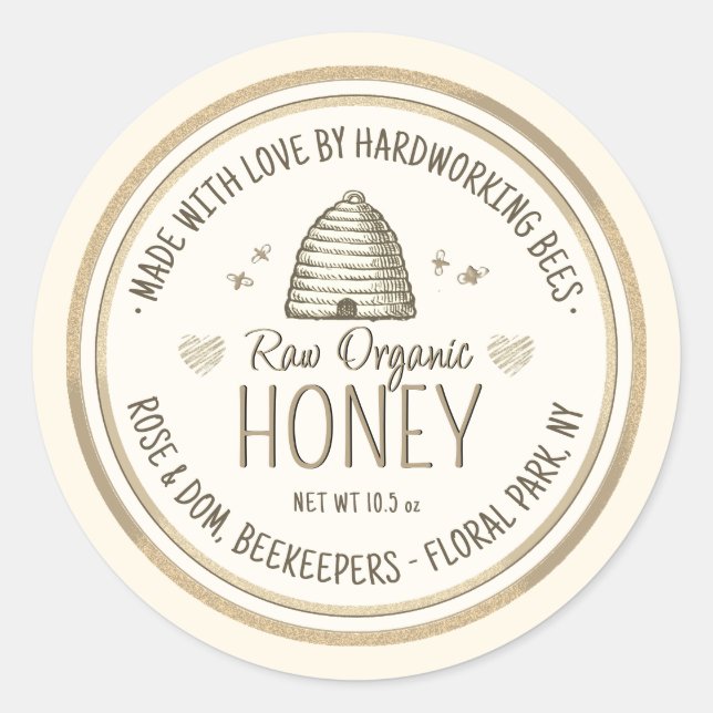 Raw Organic Honey Gold Grunge Skep Bee Hearts Classic Round Sticker (Front)