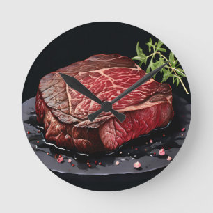 Raw Ribeye Steak Close Up Round Clock