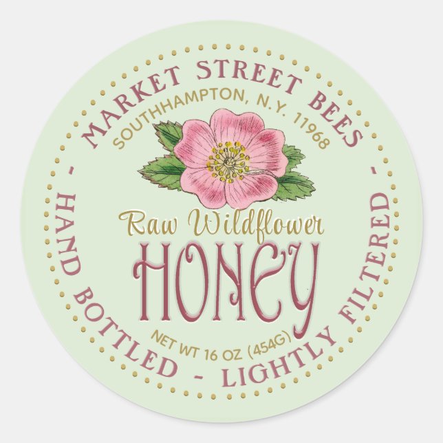 Raw Wildflower Honey Label Wild Pink Rose Flower (Front)