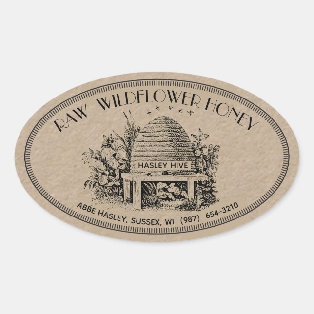 Raw Wildflower Honey Oval Vintage Skep Kraft Label (Front)