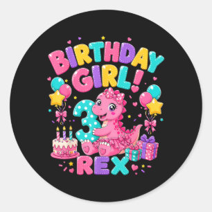 Rawr 3 Three Rex Pink Dinosaur 3rd Birthday Girl Classic Round Sticker