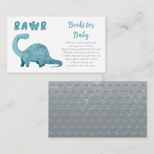 Rawr Blue Dinosaur Boy Baby Shower Books for Baby Enclosure Card (Front/Back)