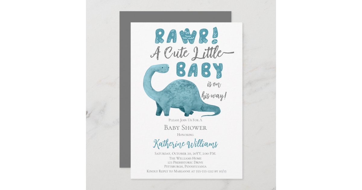 Rawr Blue Dinosaur QR Code Baby Shower Invitation Zazzle