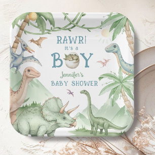 Rawr Boy Dinosaur Baby Shower  Paper Plate