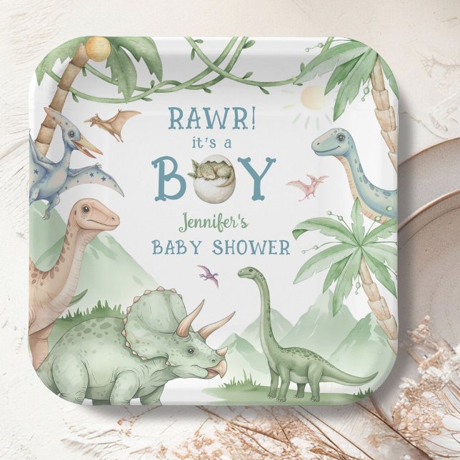 Rawr Boy Dinosaur Baby Shower  Paper Plate (Creator Uploaded)