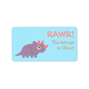 Rawr, Cute Purple Triceratops dinosaur For Kids Label