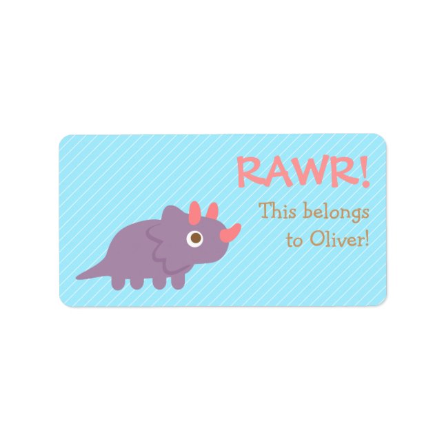 Rawr, Cute Purple Triceratops dinosaur For Kids Label (Front)
