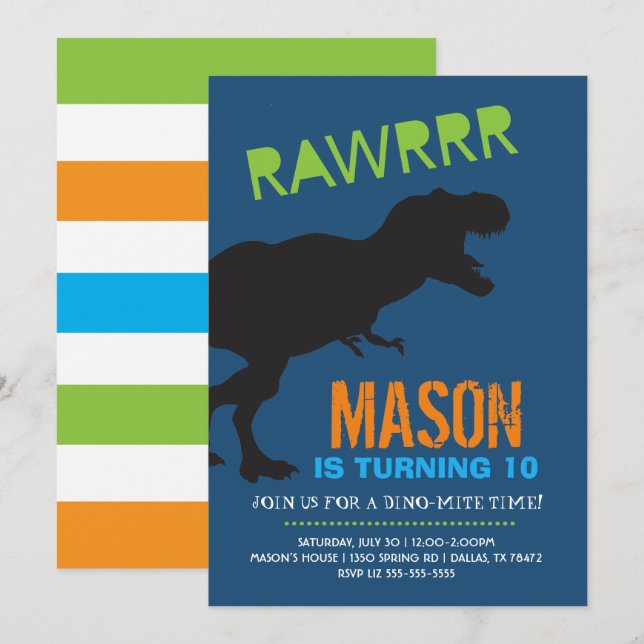 Rawr Dinosaur Boy Birthday Party Invitation (Front/Back)