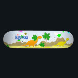 RAWR! Dinosaur Skateboard<br><div class="desc">RAWR! Dinosaur Skateboard. A cool skateboard with an orange and yellow cartoon Diplodocus dinosaurs in a pre-historic stone age landscape with mountains, trees and star shooting vulcanos against a blue sky with white clouds. This dino skateboard is fully customisable! Add your name and personalise with your texts and/ or images....</div>