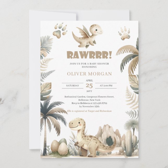 Rawr gender neutral dinosaur baby shower invite (Front)