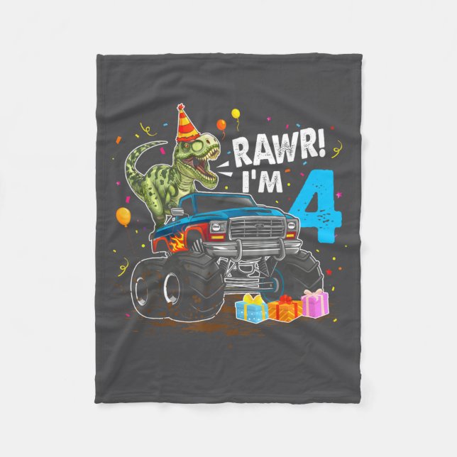 Rawr I'm 4 4th Birthday T Rex Dinosaur Funny Party Fleece Blanket (Front)