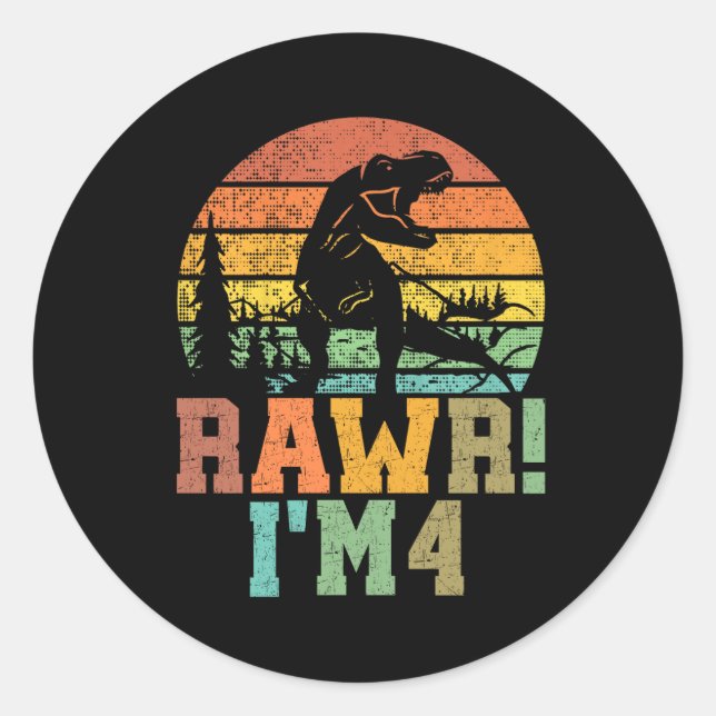 Rawr Im 4 Dinosaur T Rex 4 Year Old Classic Round Sticker (Front)