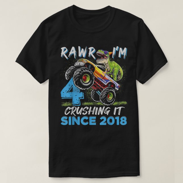 Rawr I'm 4 Monster Truck Dinosaur 4th Birthday Par T-Shirt (Design Front)