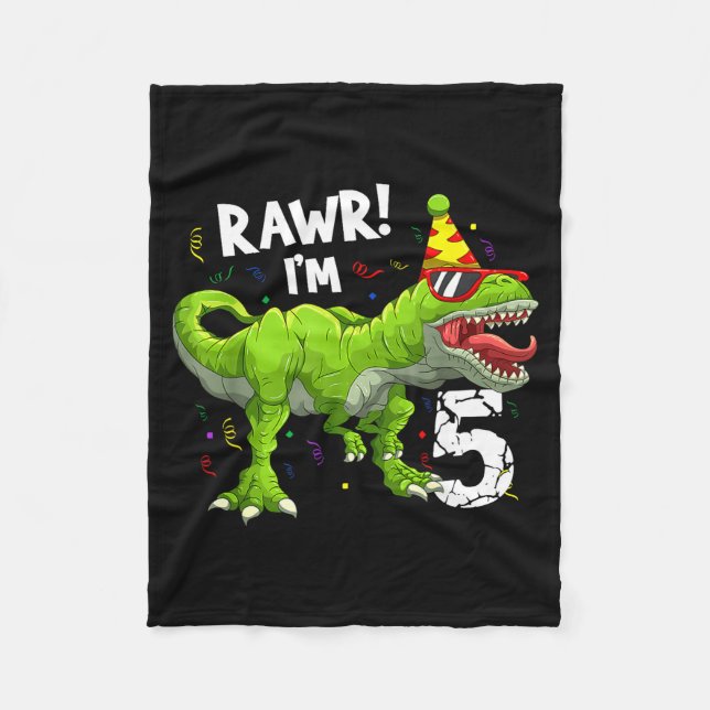 Rawr I'm 5 5th Birthday T Rex Dinosaur Funny Party Fleece Blanket (Front)