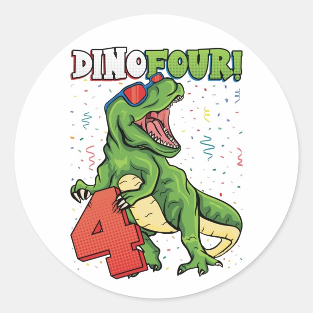 Rawr I'm a Dinofour 4th Birthday Dinosaur Classic  Classic Round Sticker (Front)