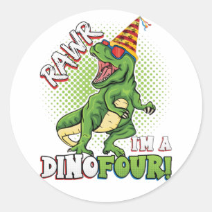 Rawr I'm a Dinofour 4th Birthday Dinosaur Classic  Round Sticker
