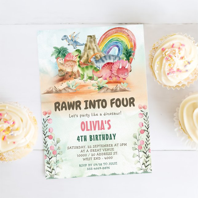 Rawr Into Four Dinosaur 4th Birthday Party Invitation (Creator Uploaded)