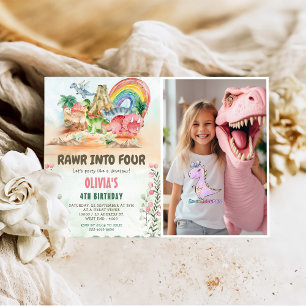 Rawr Into Four Dinosaur 4th Birthday Party Photo Invitation