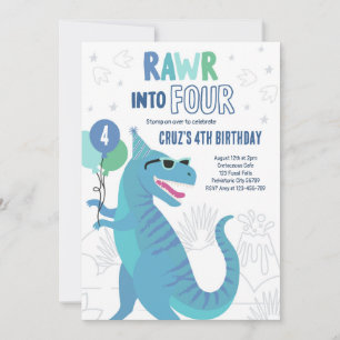 Rawr Into Four T-Rex Dinosaur 4th Birthday Party  Invitation