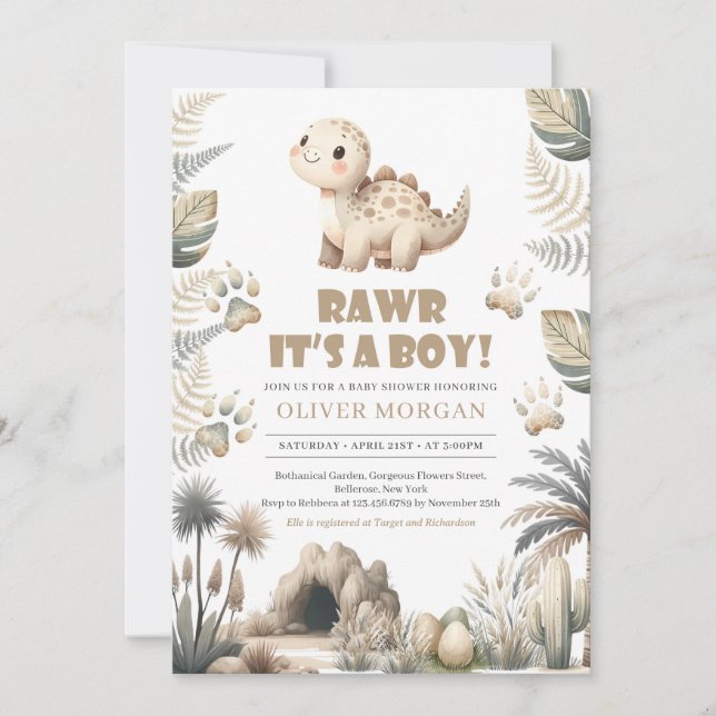 Rawr it's a boy cute Dinosaur earthy Baby Shower Invitation (Front)