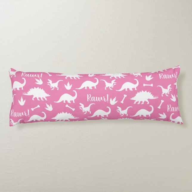 Rawr Modern White Dinosaur Silhouettes Body Cushion (Back)