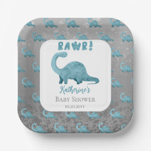 Rawr Teal Blue Dinosaur Baby Shower Paper Plate