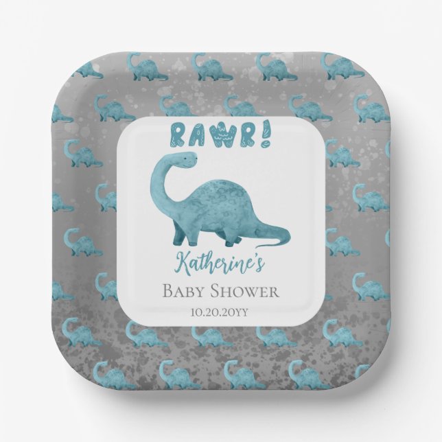 Rawr Teal Blue Dinosaur Boy Baby Shower  Paper Plate (Front)