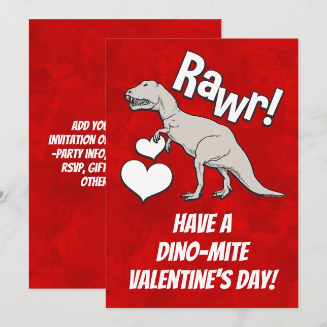Rawr Tyrannosaurus T Rex Valentine's Day Kids Boys Invitation (Front/Back)
